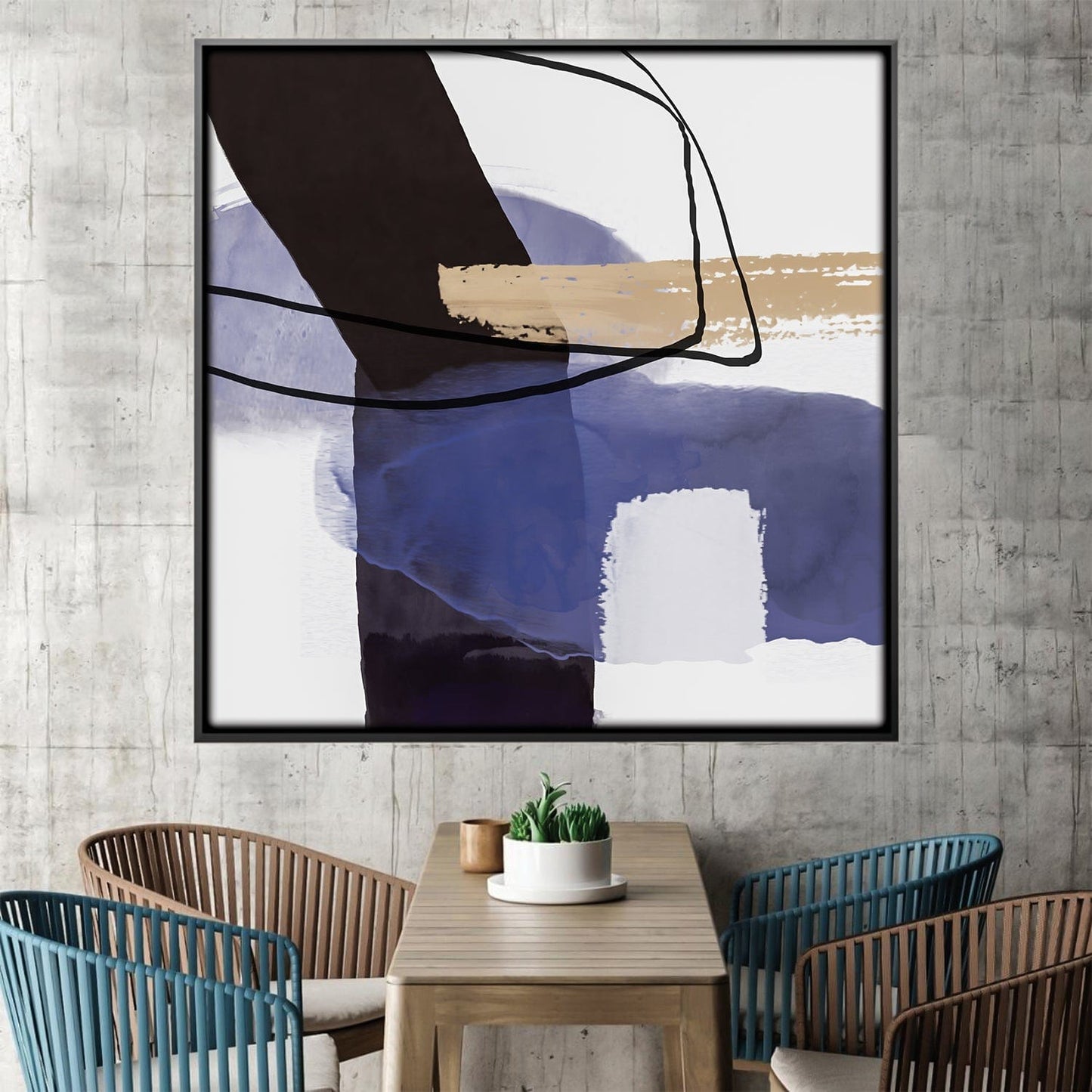 Abstract Oil Painting for Modern Home Decor - Serene Contrast in Blue and Black