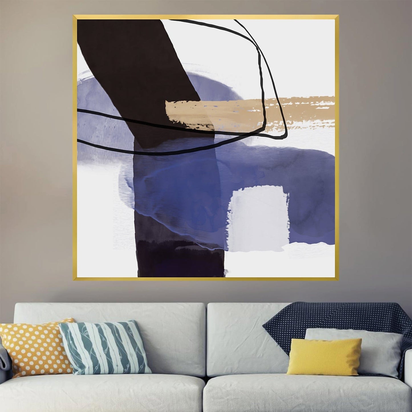 Abstract Oil Painting for Modern Home Decor - Serene Contrast in Blue and Black