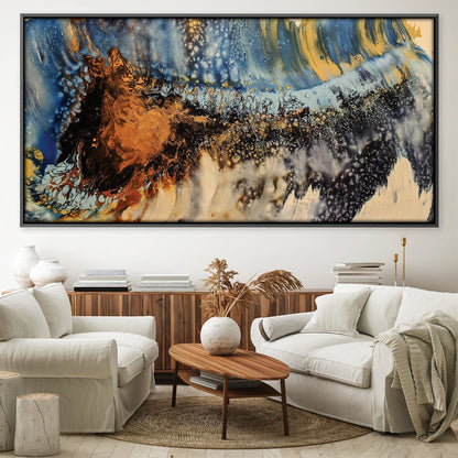 Abstract Copper and Blue Wave Oil Painting for Modern Home Decor