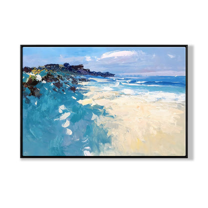 Serene Coastal Landscape with Gentle Waves and Vibrant Coral Hues