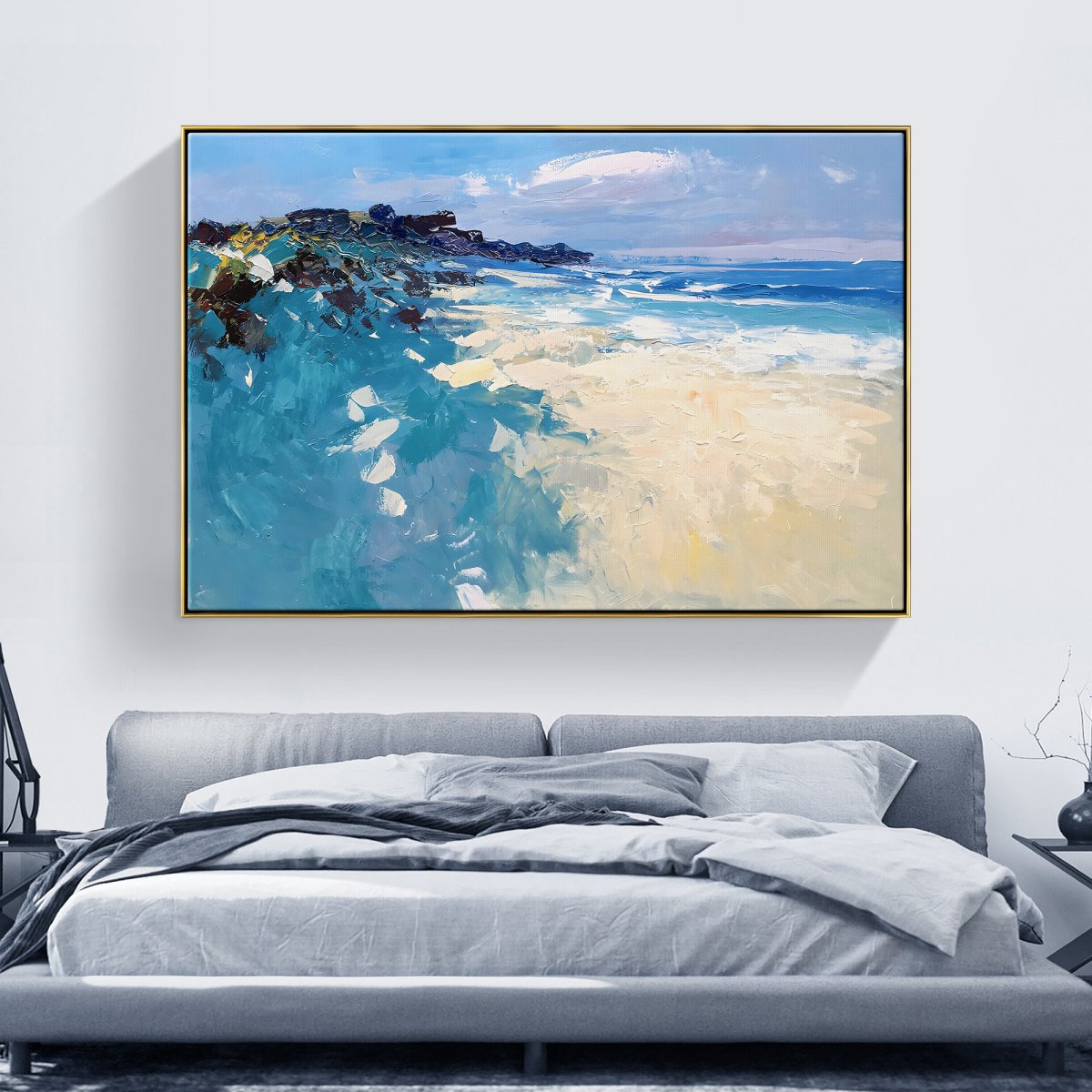 Serene Coastal Landscape with Gentle Waves and Vibrant Coral Hues