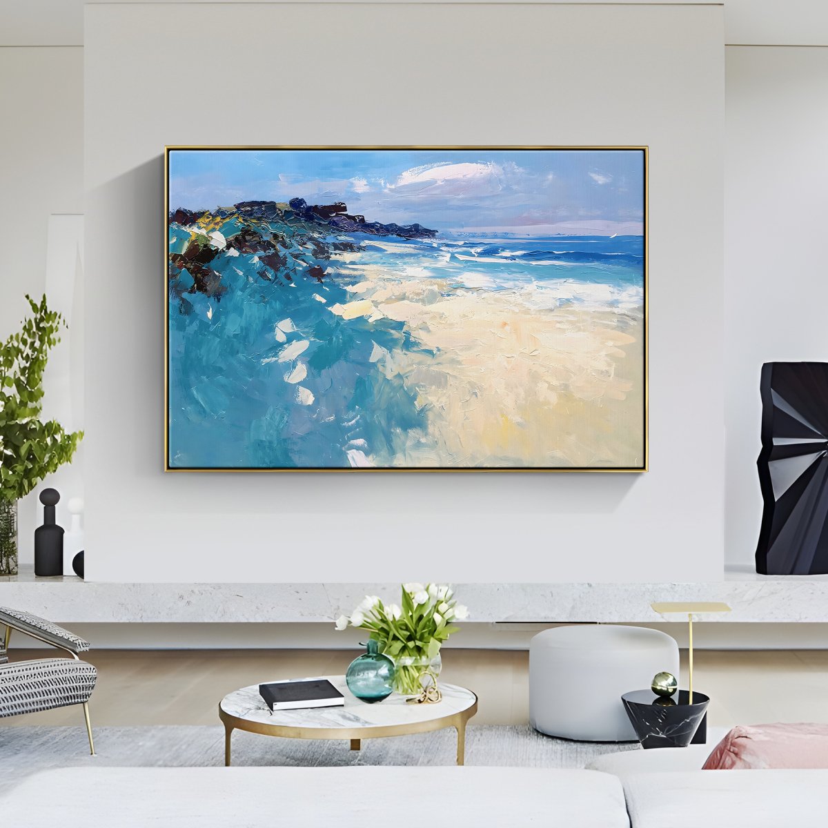 Serene Coastal Landscape with Gentle Waves and Vibrant Coral Hues