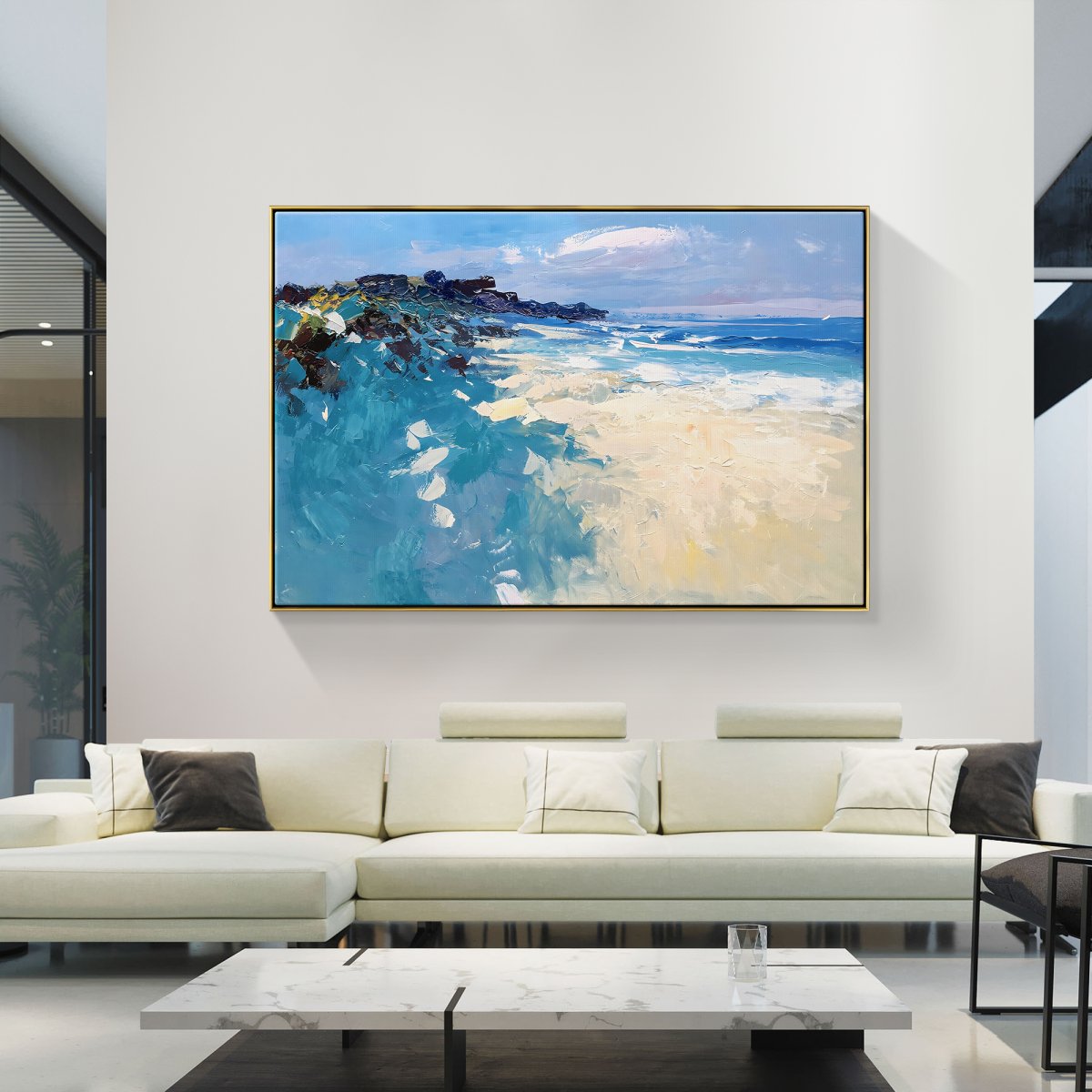 Serene Coastal Landscape with Gentle Waves and Vibrant Coral Hues