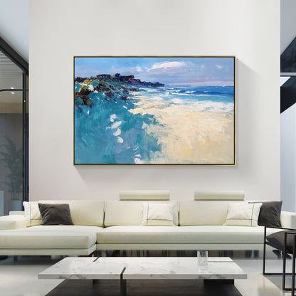 Serene Coastal Landscape with Gentle Waves and Vibrant Coral Hues