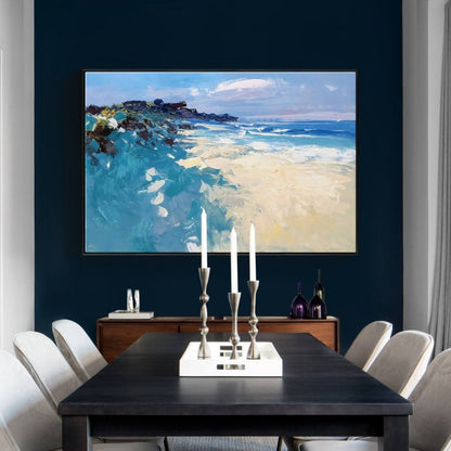 Serene Coastal Landscape with Gentle Waves and Vibrant Coral Hues