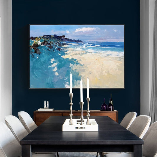 Serene Coastal Landscape with Gentle Waves and Vibrant Coral Hues