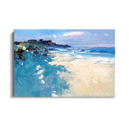 Serene Coastal Landscape with Gentle Waves and Vibrant Coral Hues