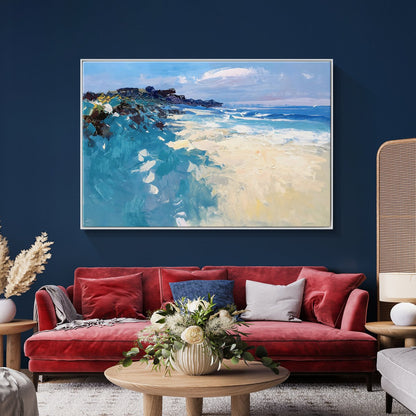 Serene Coastal Landscape with Gentle Waves and Vibrant Coral Hues