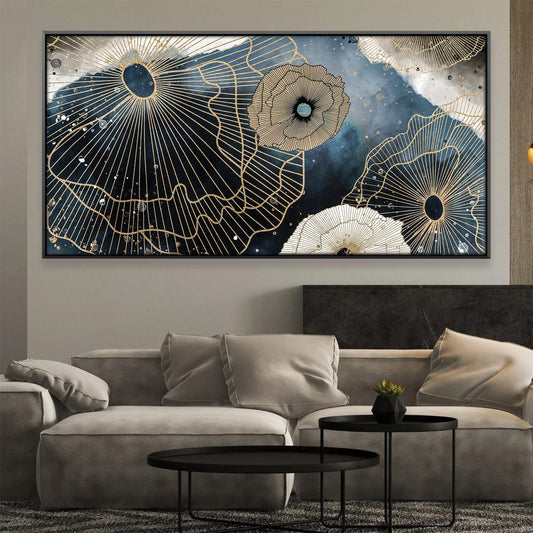 Elegant Gold and Blue Floral Abstract Oil Painting for Modern Home Decor