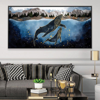 Whale Dance in Cosmic Waters - Elegant Oil Painting for Nautical Home Decor