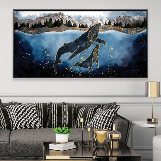 Whale Dance in Cosmic Waters - Elegant Oil Painting for Nautical Home Decor