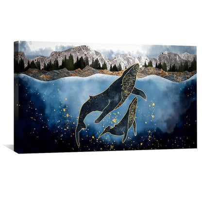 Whale Dance in Cosmic Waters - Elegant Oil Painting for Nautical Home Decor
