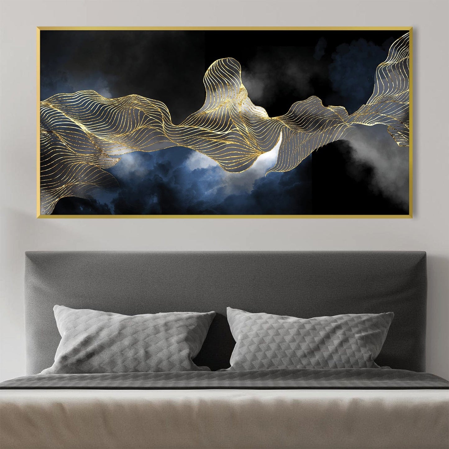 Abstract Gold Wave Art on Dark Canvas - Modern Oil Painting for Home Decor