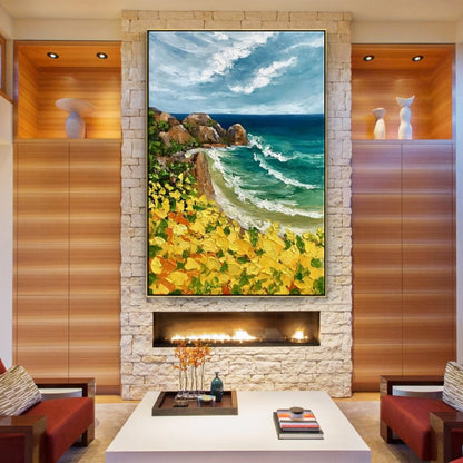 Vibrant Coastal Scene with Golden Flowers and Azure Waves