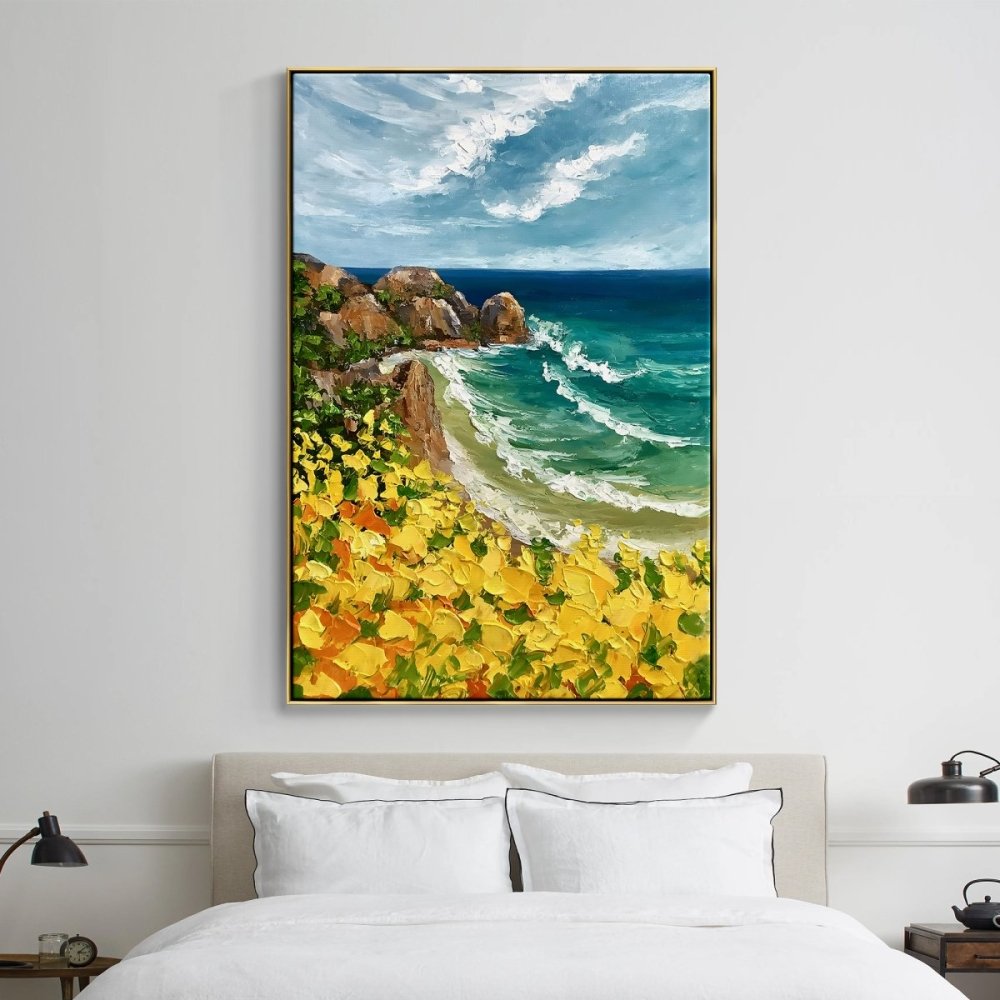 Vibrant Coastal Scene with Golden Flowers and Azure Waves