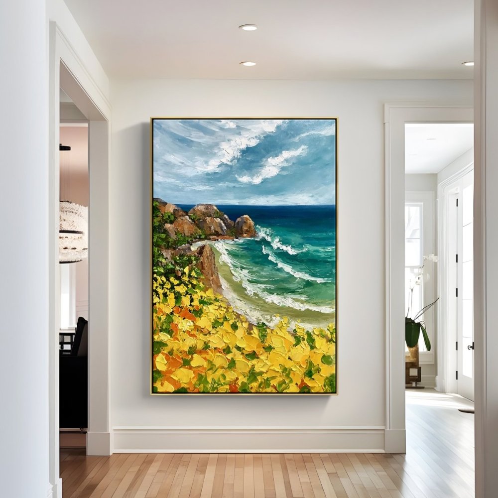 Vibrant Coastal Scene with Golden Flowers and Azure Waves