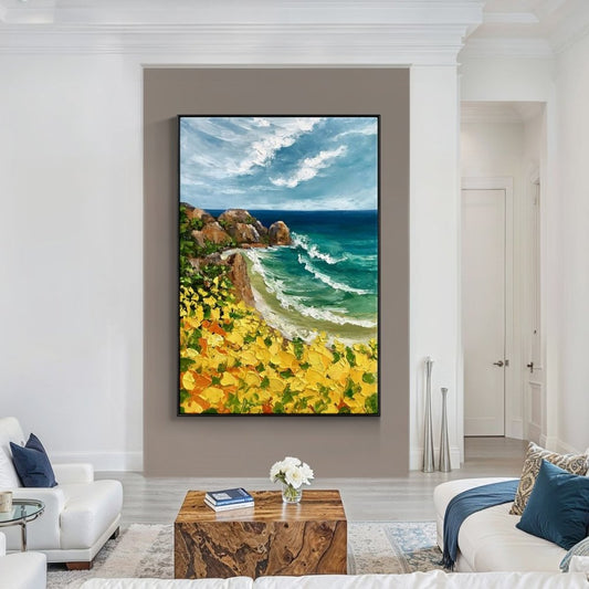 Vibrant Coastal Scene with Golden Flowers and Azure Waves