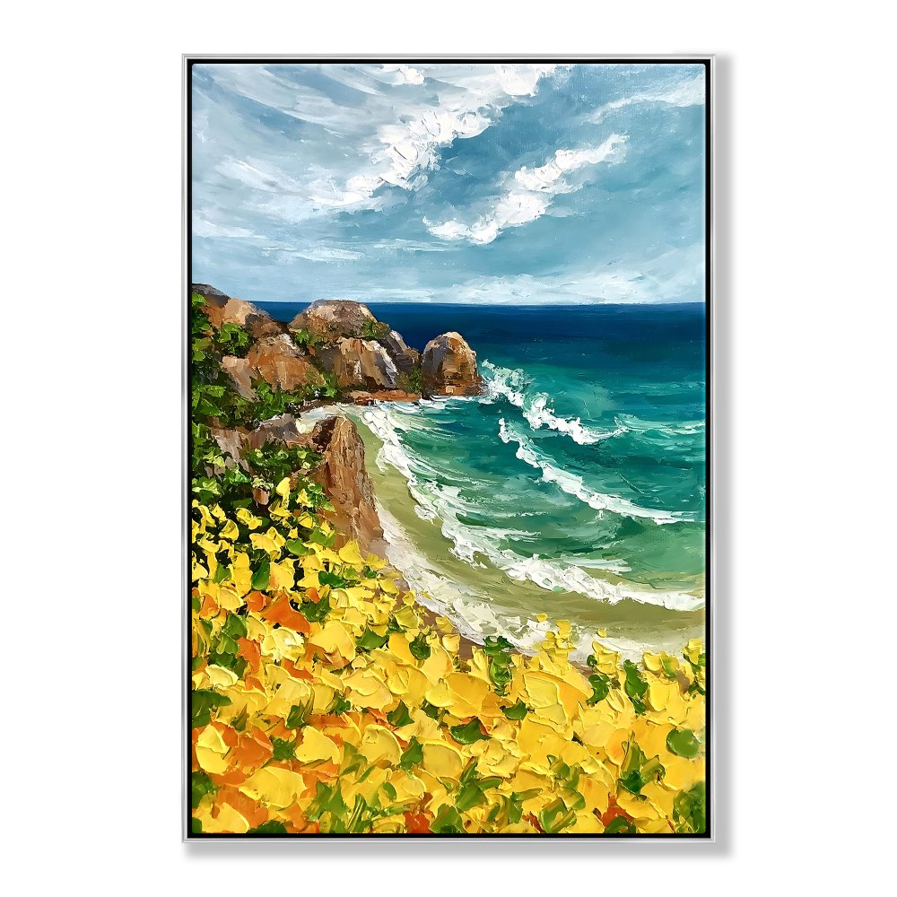 Vibrant Coastal Scene with Golden Flowers and Azure Waves