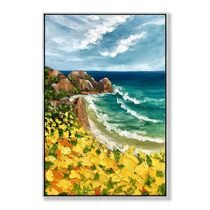 Vibrant Coastal Scene with Golden Flowers and Azure Waves