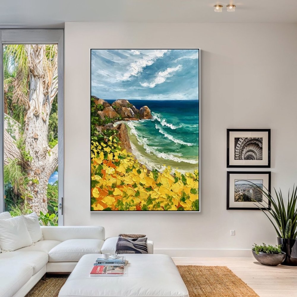 Vibrant Coastal Scene with Golden Flowers and Azure Waves