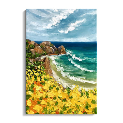 Vibrant Coastal Scene with Golden Flowers and Azure Waves