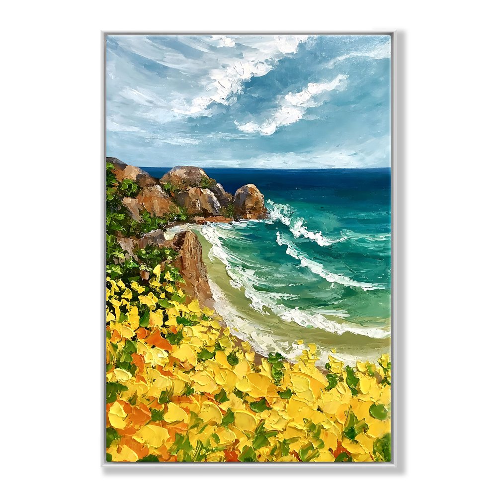 Vibrant Coastal Scene with Golden Flowers and Azure Waves