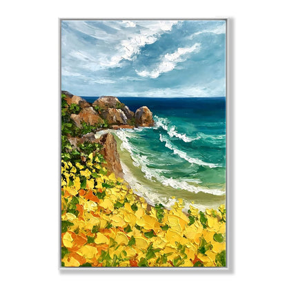 Vibrant Coastal Scene with Golden Flowers and Azure Waves