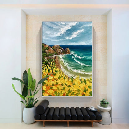 Vibrant Coastal Scene with Golden Flowers and Azure Waves
