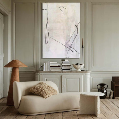 Abstract White Minimalist Oil Painting with Elegant Lines for Modern Home Decor