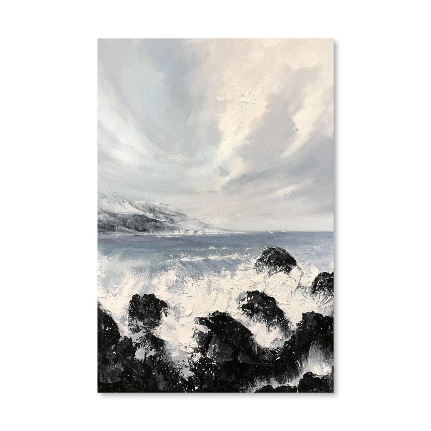 Dynamic Seascape Oil Painting of Ocean Waves and Rocky Shoreline