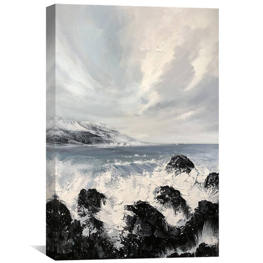 Dynamic Seascape Oil Painting of Ocean Waves and Rocky Shoreline