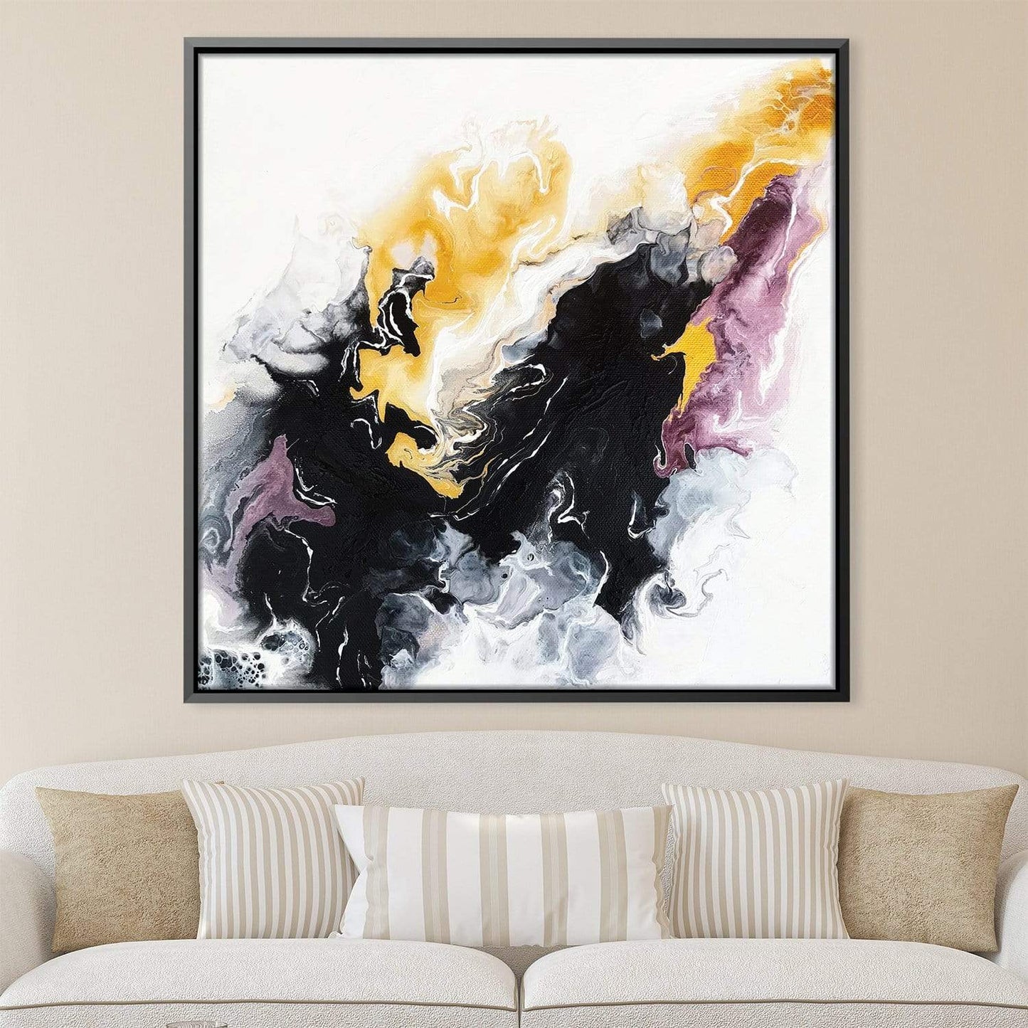 Abstract Oil Painting of Dynamic Swirls in Black, Gold, and Purple Tones for Modern Decor