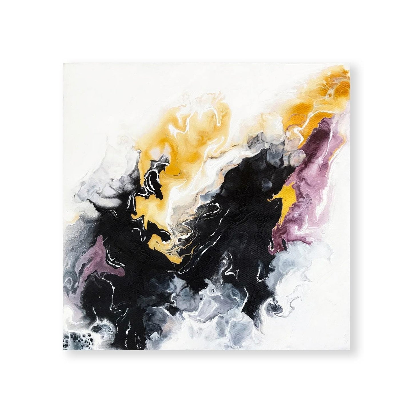 Abstract Oil Painting of Dynamic Swirls in Black, Gold, and Purple Tones for Modern Decor