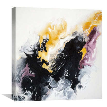 Abstract Oil Painting of Dynamic Swirls in Black, Gold, and Purple Tones for Modern Decor