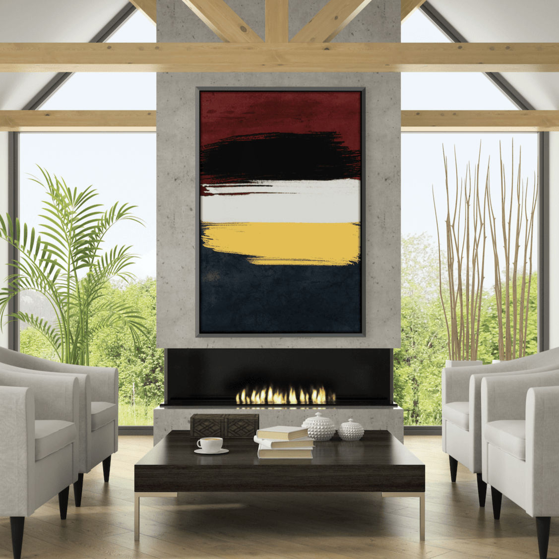 Vibrant Abstract Oil Painting with Rich Crimson and Bold Geometric Stripes