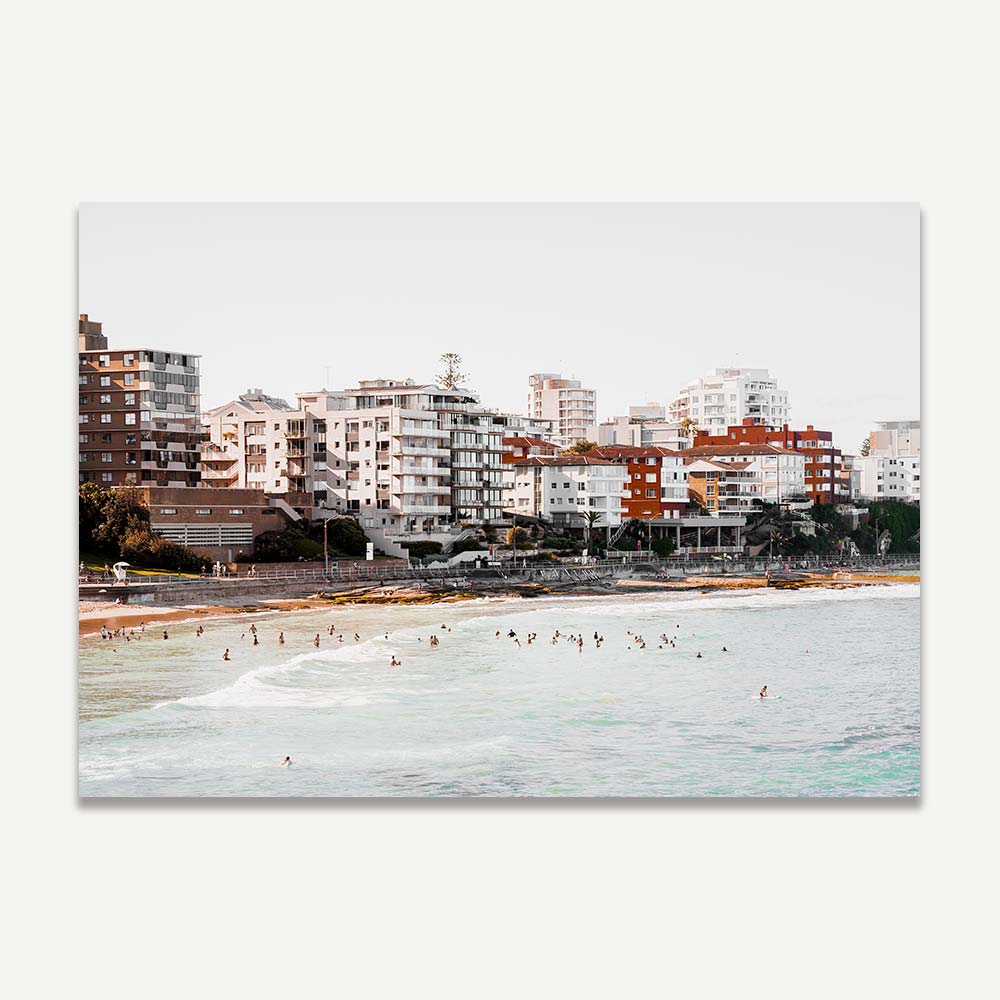 Serene Cronulla Beach Scene with Coastal Waves and Urban Skyline