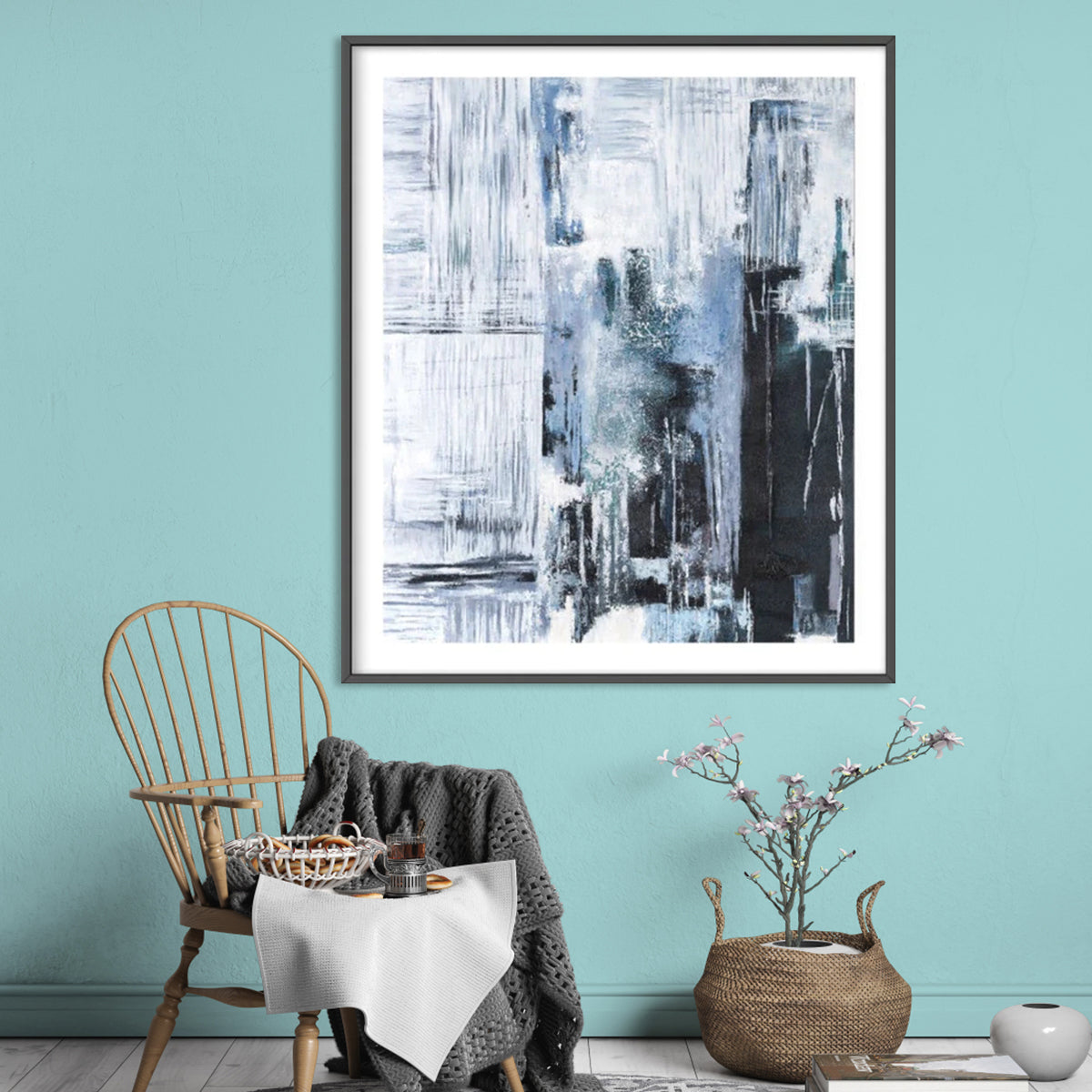 Abstract Blue and Black Oil Painting for Modern Home Decor