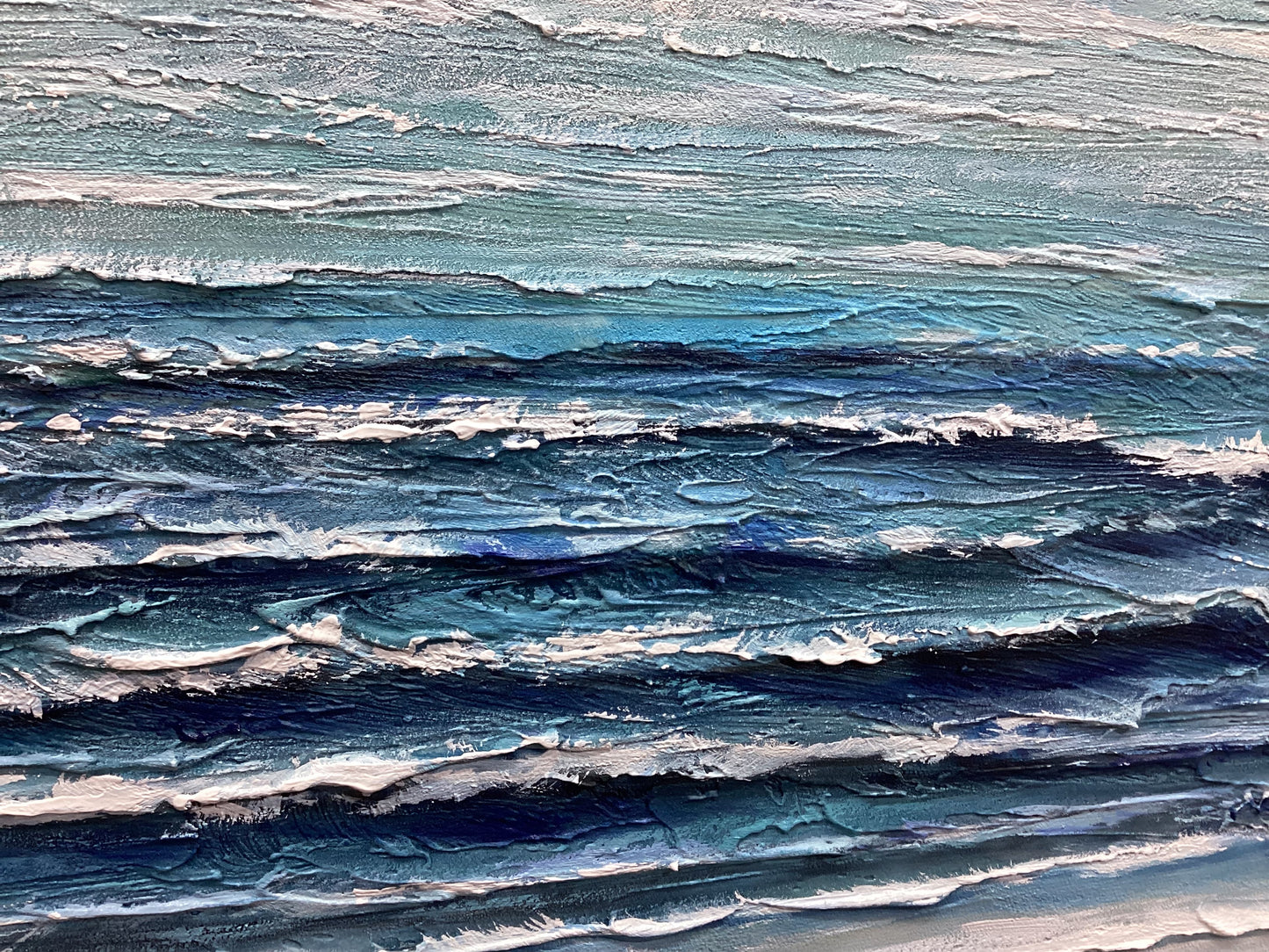 Tranquil Ocean Waves: Serene Blue Shoreline Oil Painting for Coastal Home Decor
