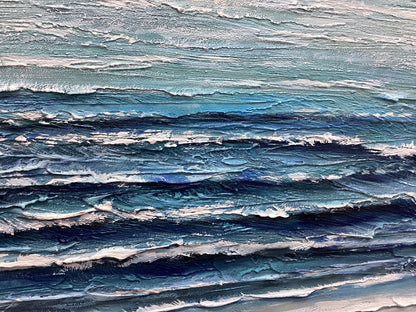 Tranquil Ocean Waves: Serene Blue Shoreline Oil Painting for Coastal Home Decor