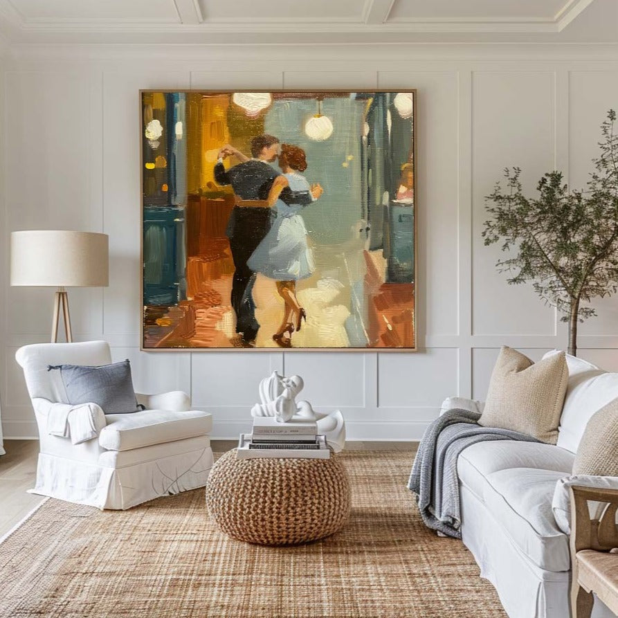 Romantic Dance in Modern American Oil Painting - Captivating Wall Art