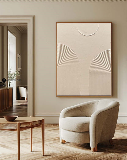 Modern Beige Abstract Oil Painting with Textured Lines and Minimalist Design
