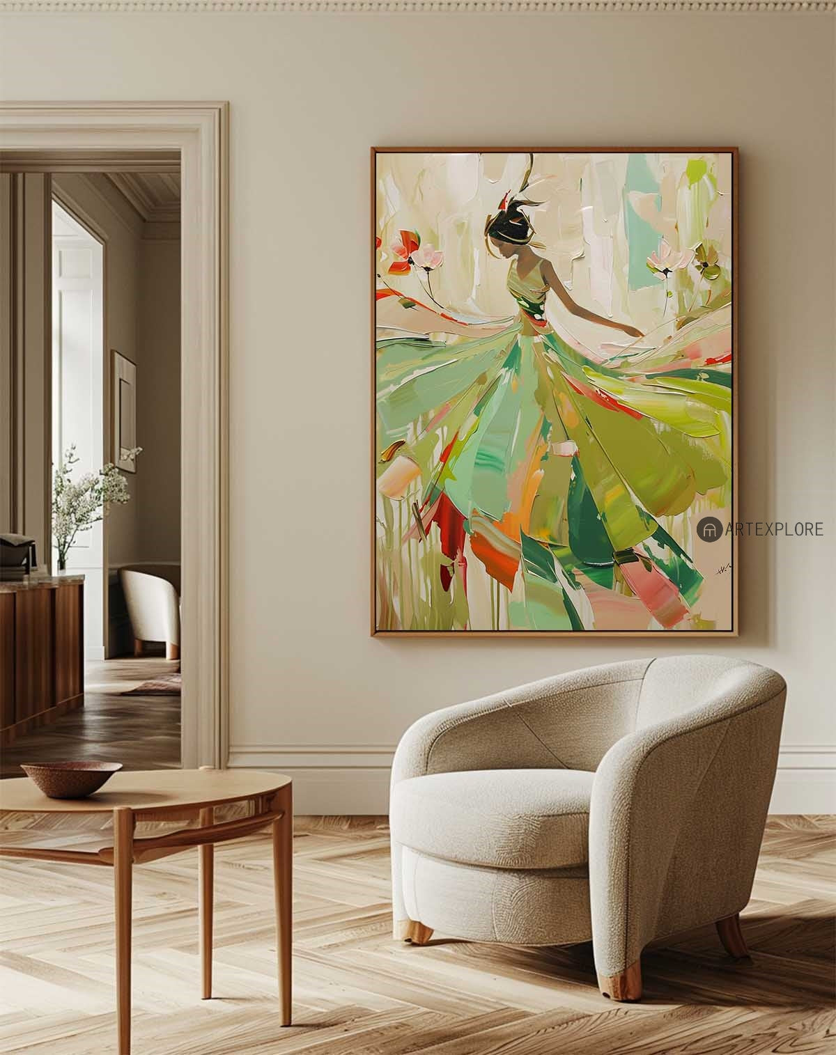 Vibrant Green Abstract Lady in Flowing Dress Oil Painting for Modern Decor