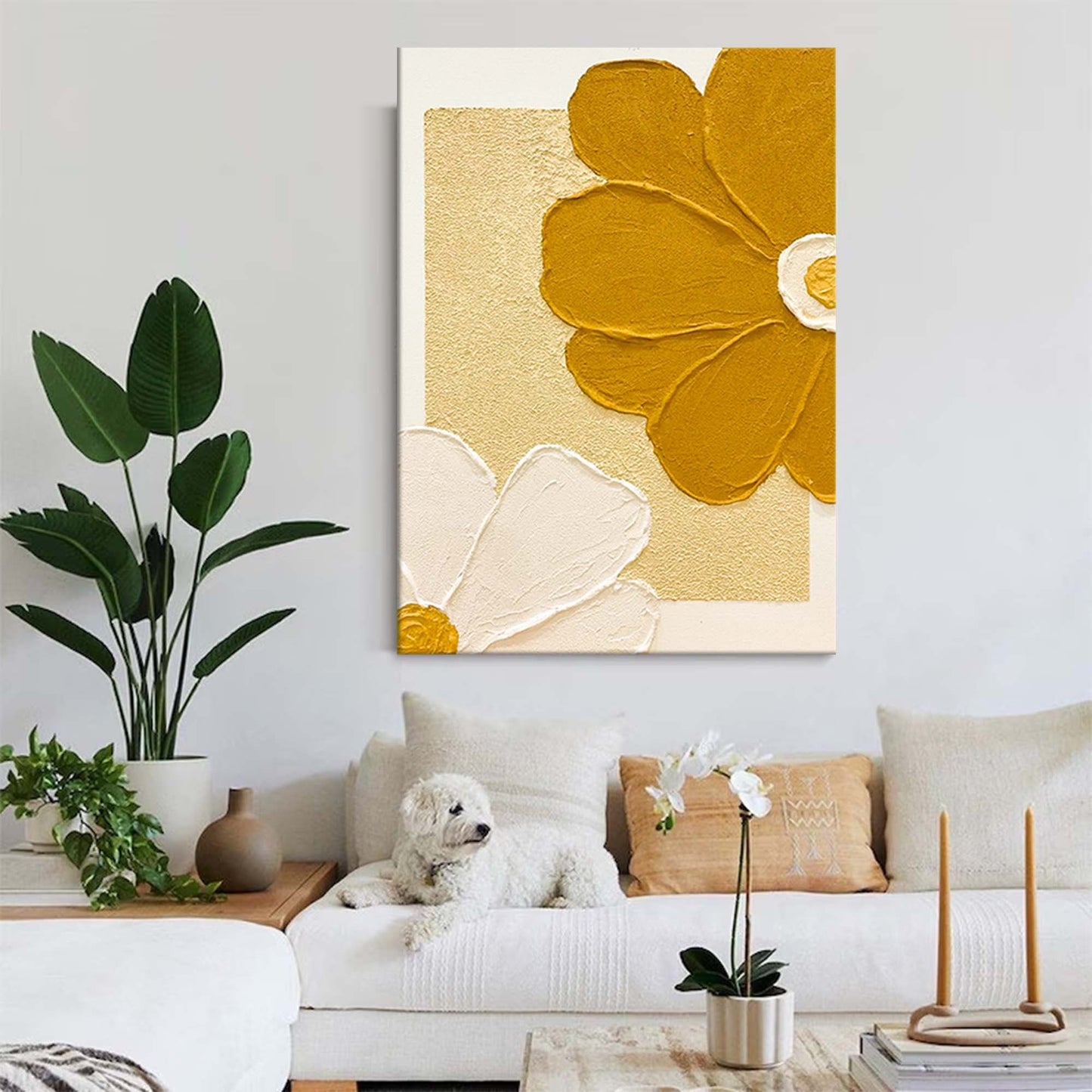 Vibrant Floral Oil Painting on Canvas with Golden Accents for Home Decor