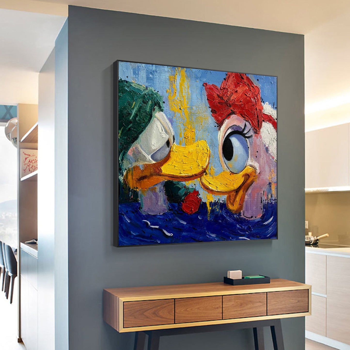 Whimsical Lovebirds: Vibrant Oil Painting of Ducks in Colorful Abstract Style