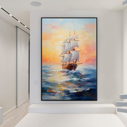 Adventure Awaits: Majestic Sailing Ship on Vibrant Ocean Sunset