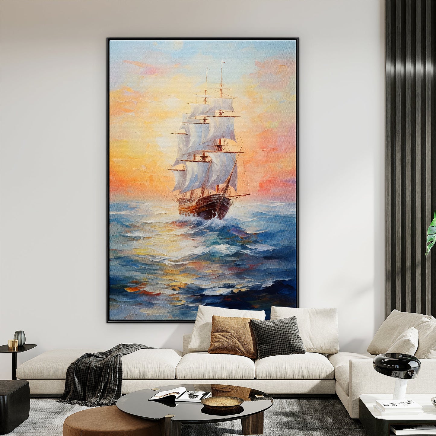 Adventure Awaits: Majestic Sailing Ship on Vibrant Ocean Sunset