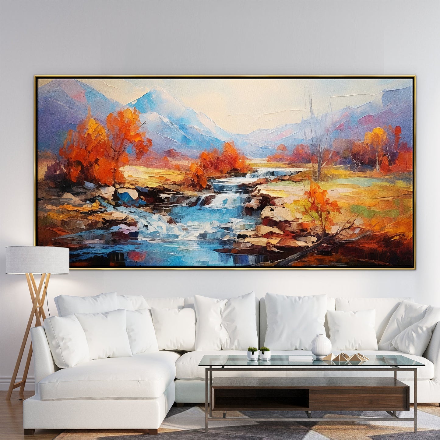 Vibrant Autumn Valley Landscape Oil Painting with River and Mountains