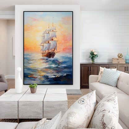Adventure Awaits: Majestic Sailing Ship on Vibrant Ocean Sunset