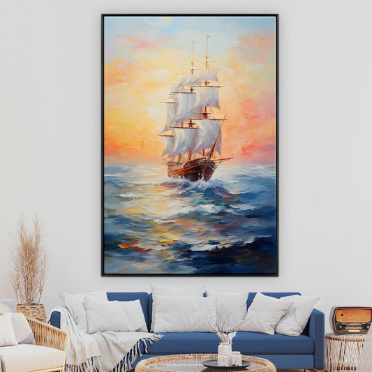 Adventure Awaits: Majestic Sailing Ship on Vibrant Ocean Sunset