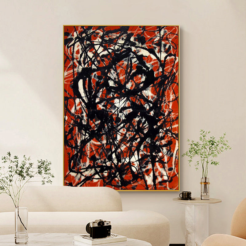 Abstract Oil Painting with Bold Red and Black Brush Strokes for Modern Decor